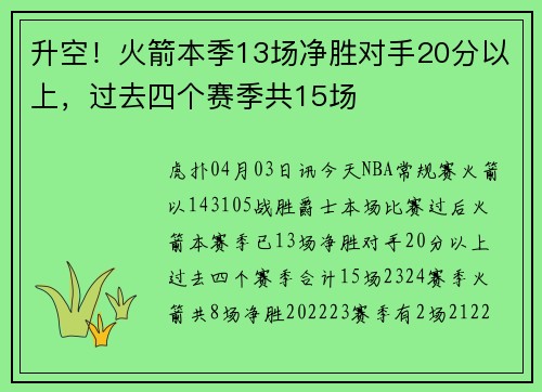 升空！火箭本季13场净胜对手20分以上，过去四个赛季共15场