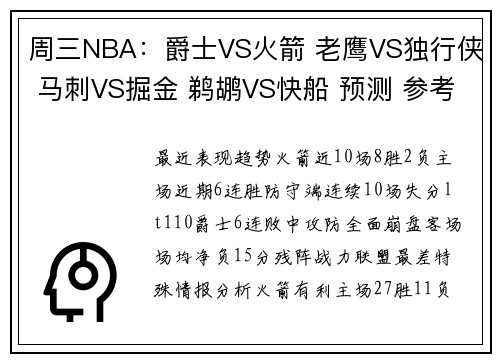 周三NBA：爵士VS火箭 老鹰VS独行侠 马刺VS掘金 鹈鹕VS快船 预测 参考